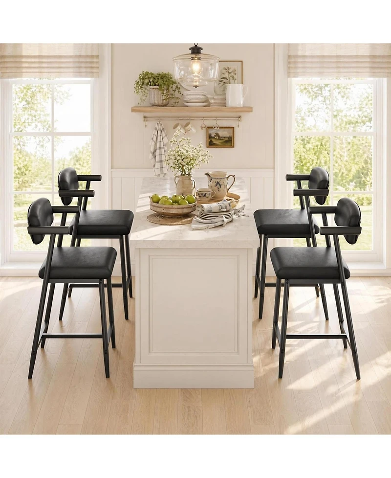 gaomon Set of 8 Rustic Black Bar Stools, 26" Counter Height with Soft Back, Arms and Footrest, Heavy Duty Metal Frame