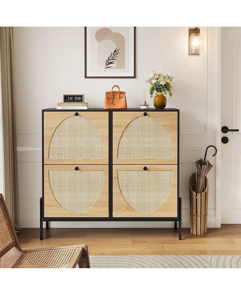 Streamdale Furniture Rattan Shoe Cabinet, 4-Door Flip
