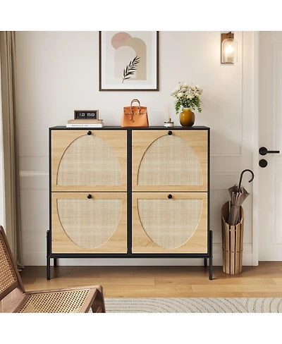 Streamdale Furniture Rattan Shoe Cabinet, 4-Door Flip
