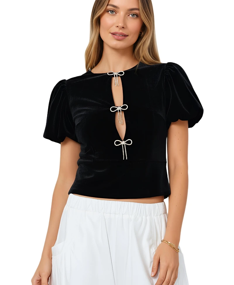 Modenaire Women's Velvet Puff Sleeve Keyhole Rhinestone Bow Top
