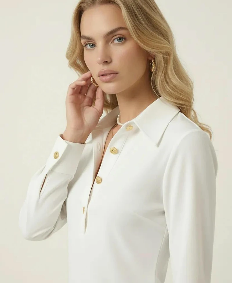 Modenaire Women's Collared Button-Front Asymmetrical-Hem Blouse