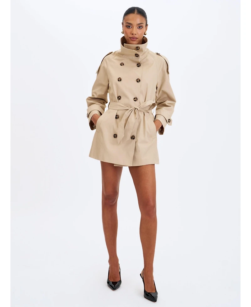 Miss Circle Women's Vanetta Tan High Collar Double-Breasted Trench Mini Coat