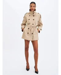 Miss Circle Women's Vanetta Tan High Collar Double-Breasted Trench Mini Coat
