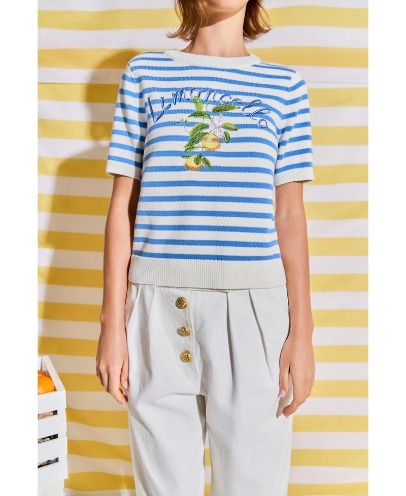 English Factory Women's Striped Lemon Short Sleeve Sweater