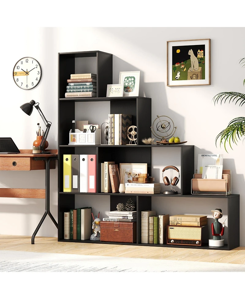 Gymax 2 Piece 4 Tier Bookshelf with 6 Storage Cubes 64 Inch Tall Modern Geometric Stair Bookcase