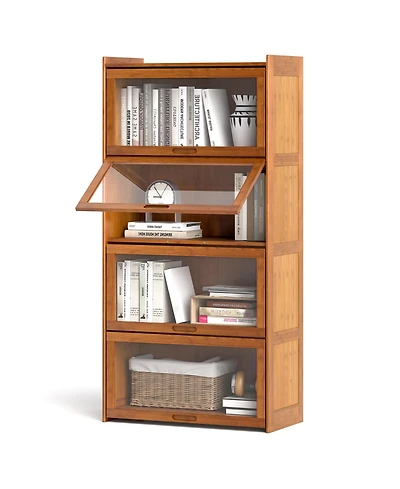 Gymax 4 Tier Bamboo Bookshelf with Doors See Through Acrylic Doors Freestanding Bookcase