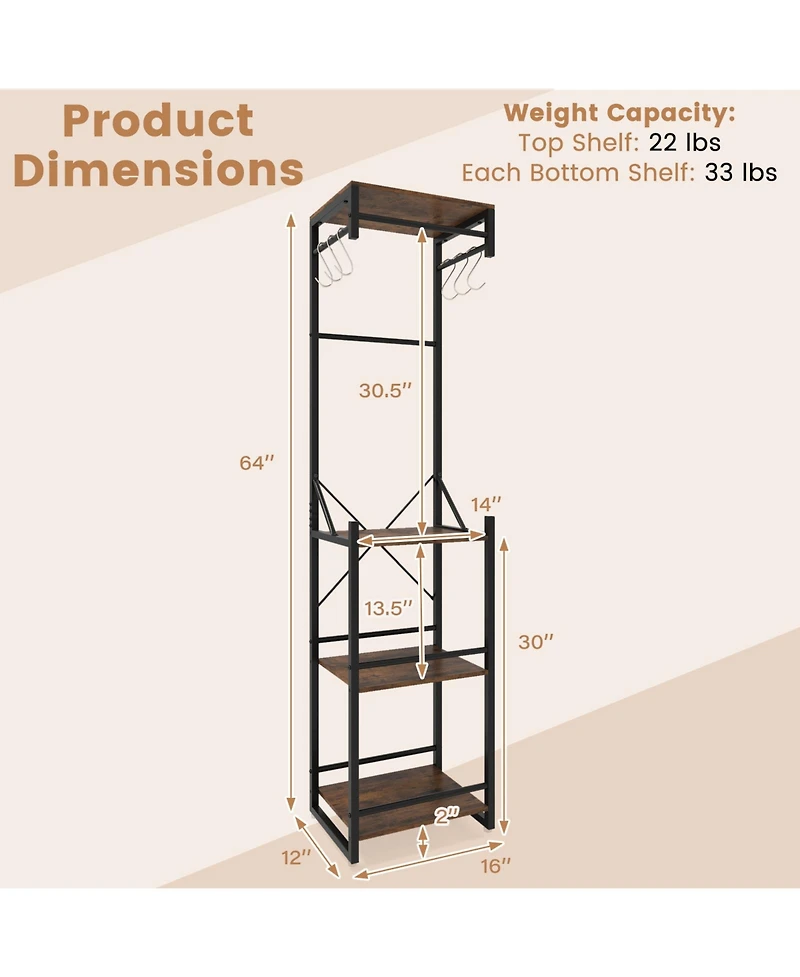 Gouun Freestanding Coat Rack with 4 Storage Shelves and 6 Hooks