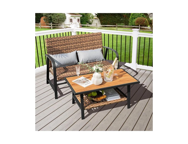 Boyel Living 2 Pieces Patio Rattan Coffee Table Set with Shelf and Quick Dry Cushion