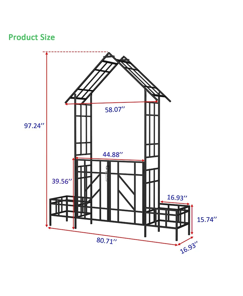 Clihome Metal Garden Arch with Gate with planter W80.71H97.24 Climbing Plants Support Rose Arch Outdoor