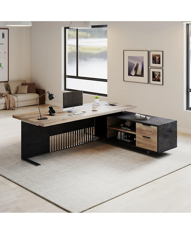 Logicfox Large Executive Desk with Drawers Cabinet Outlet Cable Management for Business Furniture Set Workstation