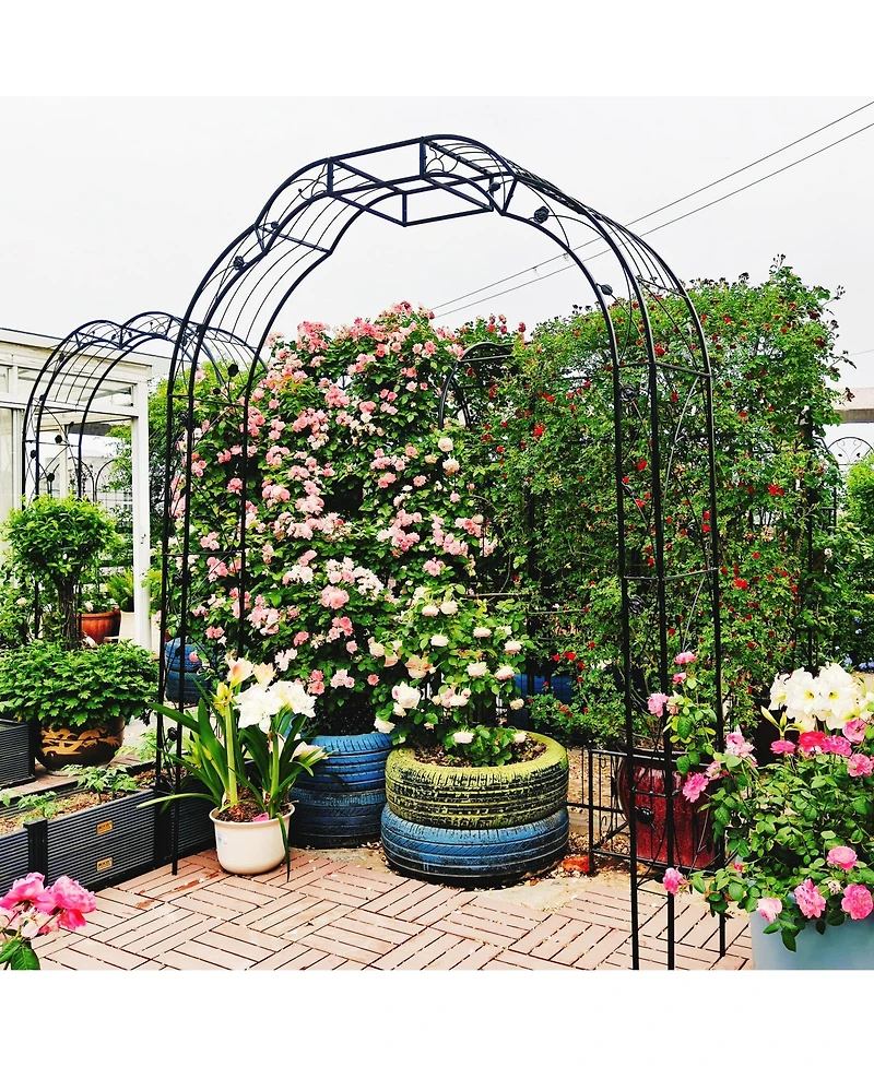 Clihome Metal Garden Arch with Gate 79.5" Wide x 86.6" High Climbing Plants Support Rose Arch Outdoor