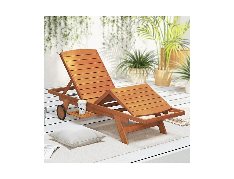 Clihome Outdoor Chaise Lounge Chair with Wheels 4-Position Patio Wood Recliner with Adjustable Backrest