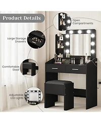 gaomon Modern Vanity Desk with Large Mirror, Adjustable Led Lights, Power Outlet, 2 Drawers & Cushioned Stool