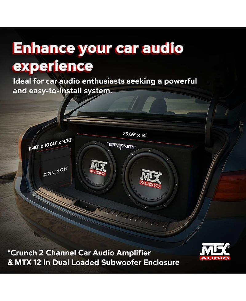 Crunch 2 Channel Car Audio Amplifier and Mtx 12 Inches Dual Loaded Subwoofer Enclosure