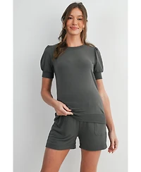 Hello Miz Maternity French Terry Lounge Set - Puff Sleeve Top and Shorts with Pockets