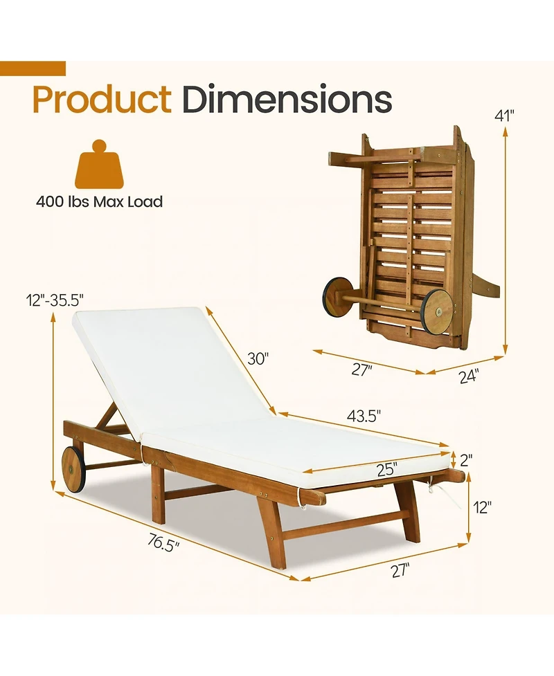 Costway Patio Acacia Wood Lounge Chair Chaise Recliner Adjustable Backrest Cushion Wheel