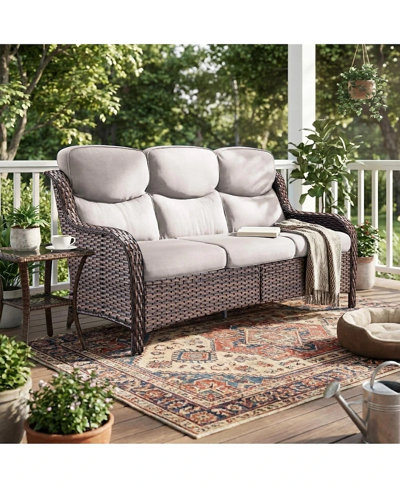Pocassy Outdoor Patio Couch Sofa, All Weather Wicker 3 Seater Couch, Seating Furniture Sofa with 5 inches Cushion