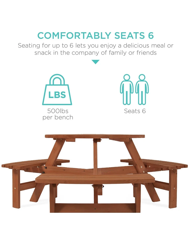 Best Choice Products 6-Person Circular Outdoor Wooden Picnic Table w/ 3 Built-In Benches, Umbrella Hole