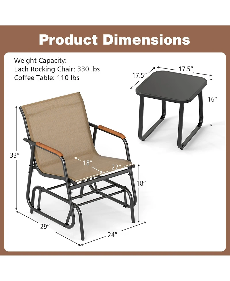Sugift 3-Piece Outdoor Glider Bistro Set with Tempered Glass Side Table