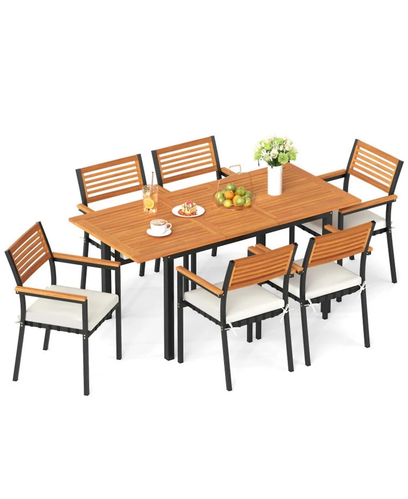Clihome 7-Piece Patio Dining Set Wood Metal with Seat Cushions and Umbrella Hole