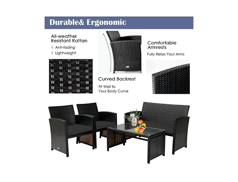 Boyel Living 4 Pieces Patio Rattan Cushioned Furniture Set with Coffee Table