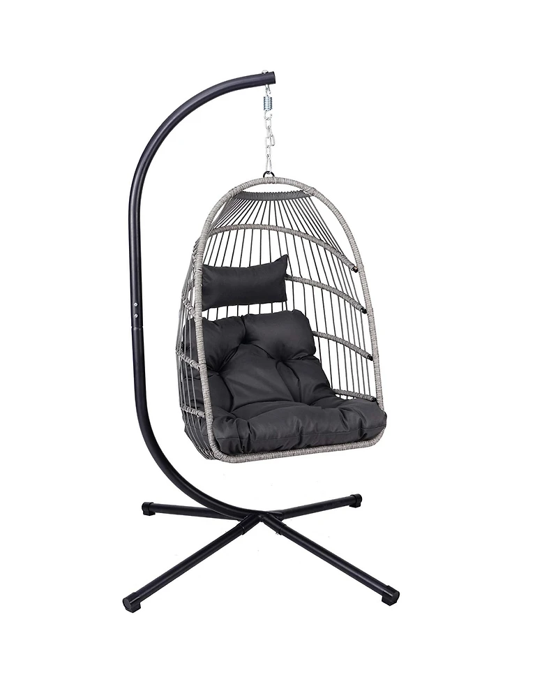 Boyel Living Foldable Hanging Egg Chair with Stand and Cushion, Outdoor Patio Wicker Swing Chair, Hdpe Rattan Aluminum-Steel Frame