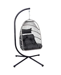 Boyel Living Foldable Hanging Egg Chair with Stand and Cushion, Outdoor Patio Wicker Swing Chair, Hdpe Rattan Aluminum-Steel Frame