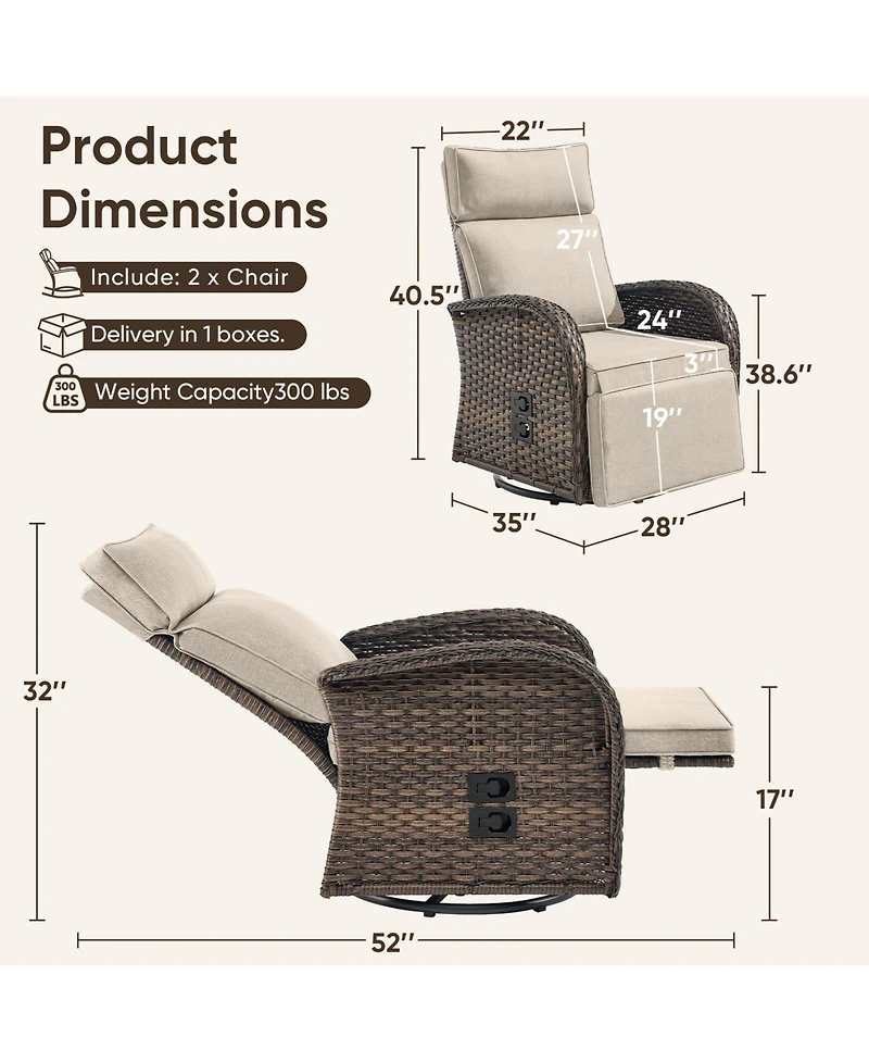 Pocassy Patio Rattan Swivel Recliner Lounge Chair with Adjustable Backrest and Footrest Cushioned Push Back Reclining Seat