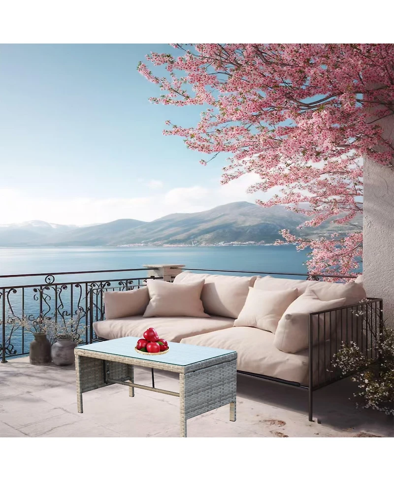 Clihome Outdoor Wicker Coffee Table with Tempered Glass Top - Weather Resistant Patio Table
