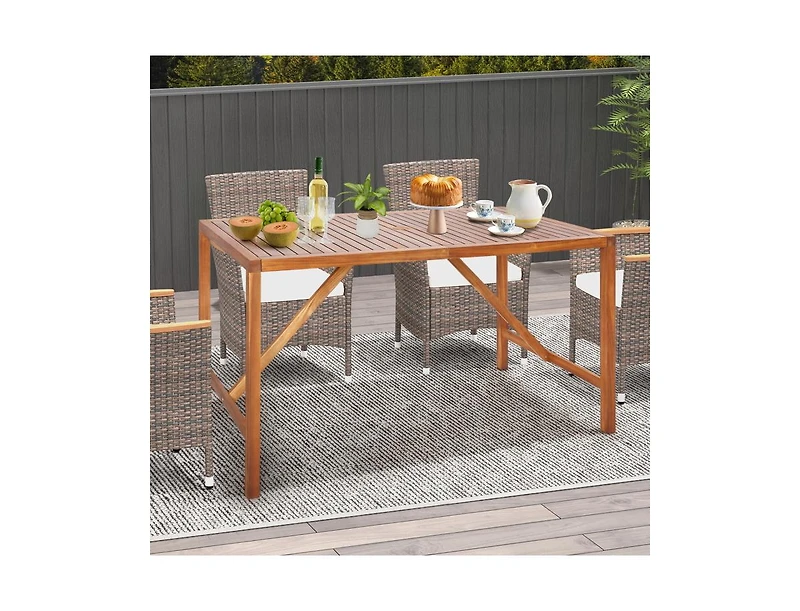 67 Inch Patio Rectangle Acacia Wood Dining Table with Umbrella Hole