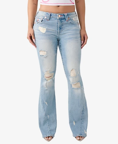 True Religion Women's Joey Mid-Rise Flare Big T Flap Jeans
