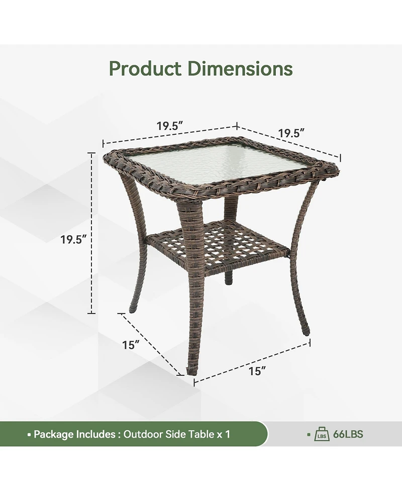 Pocassy Outdoor Side Table - Tempered Glass Wicker Table, Waterproof Patio Coffee Rattan End with Storage