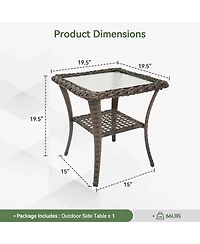 Pocassy Outdoor Side Table - Tempered Glass Wicker Table, Waterproof Patio Coffee Rattan End with Storage