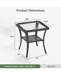 Pocassy Outdoor Side Table - Tempered Glass Wicker Table, Waterproof Patio Coffee Rattan End with Storage