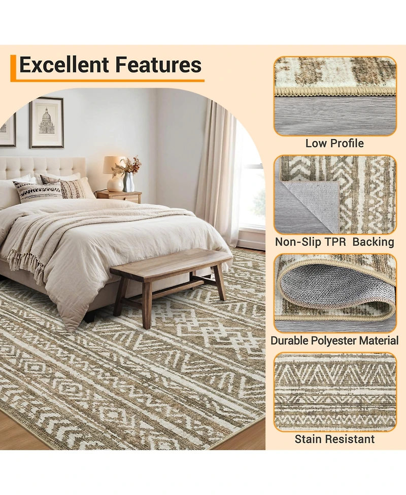 gaomon Washable Geometric Area Rug, Soft Non Slip Low Pile Indoor Carpet for Living Room Bedroom, Taupe 8 x 10 ft
