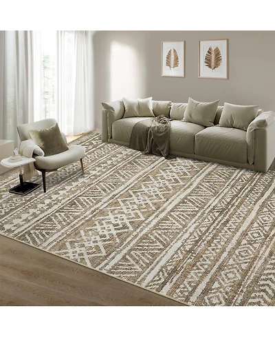 gaomon Washable Geometric Area Rug, Soft Non Slip Low Pile Indoor Carpet for Living Room Bedroom, Taupe 8 x 10 ft