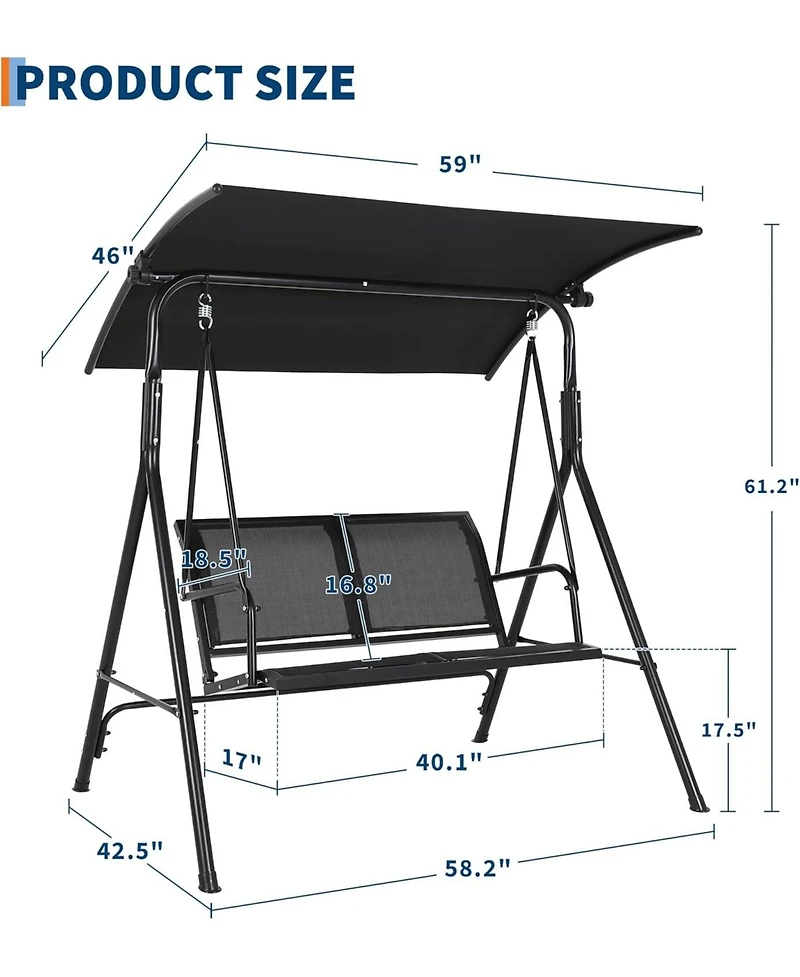 gaomon Porch Swing With Adjustable Canopy For Adults 2-Seat Outdoor Waterproof Textilene And Steel Frame Patio Swing Bench