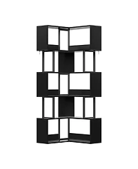 gaomon Space-Saving L-Shaped Corner Bookshelf - 6-Tier Freestanding Metal and Wood Bookcase with Baffle