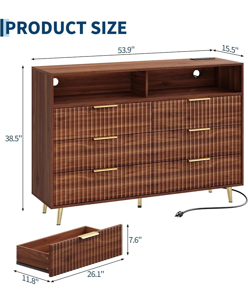 gaomon 6 Drawers Dresser for Bedroom, 53.9" Wide Dressers with Led Lights and Charging Station, Curved Profile Design