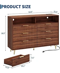 gaomon 6 Drawers Dresser for Bedroom, 53.9" Wide Dressers with Led Lights and Charging Station, Curved Profile Design