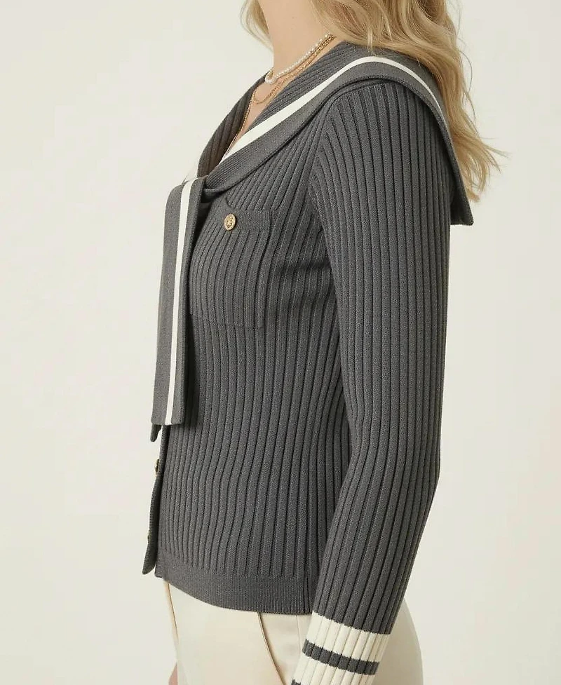 Modenaire Women's Ribbed Knit Sailor Collar Cardigan