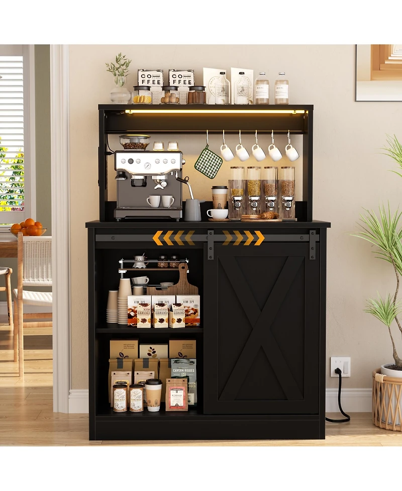 Aheaplus Sideboard Buffet with Charging Station, Farmhouse Coffee Bar Cabinet Barn Door