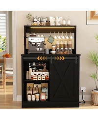 Aheaplus Sideboard Buffet with Charging Station, Farmhouse Coffee Bar Cabinet Barn Door