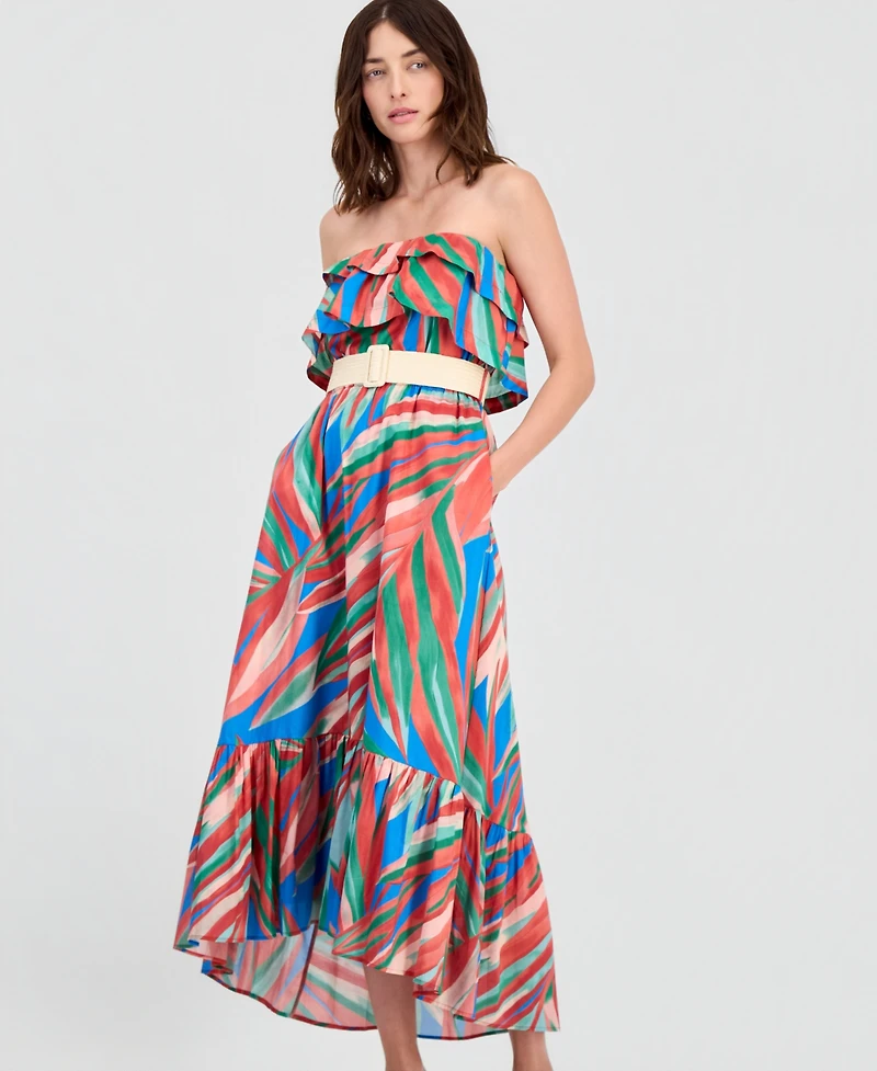 Tahari Asl Women's Cotton Ruffled Belted Maxi Dress