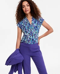 Kasper Petite Extended-Sleeve Funnel-Neck Printed Blouse