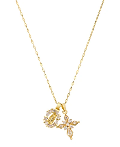 Unwritten Cubic Zirconia Gold-Tone Plated Saint and Cross Cluster Charm Necklace