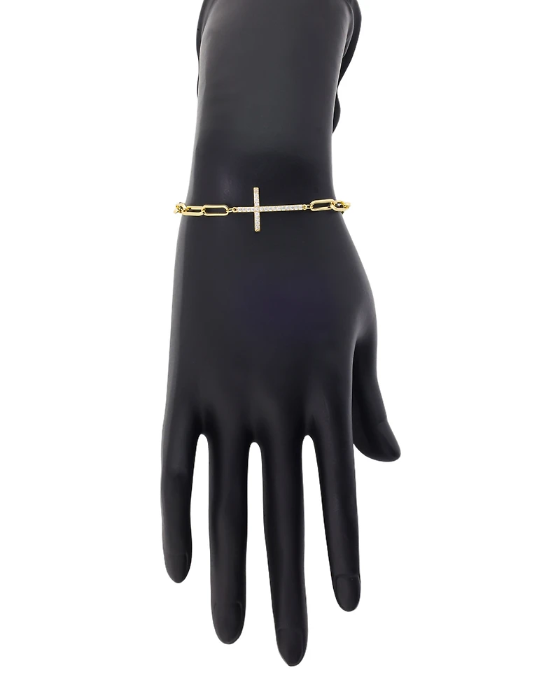 Unwritten Cubic Zirconia Gold-Tone Plated Cross Paperclip Chain Bracelet