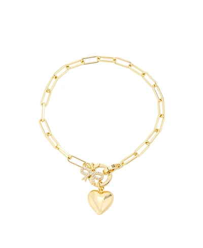 Unwritten Cubic Zirconia Gold-Tone Plated Bow and Heart Cluster Charm Paperclip Chain Bracelet