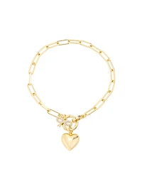 Unwritten Cubic Zirconia Gold-Tone Plated Bow and Heart Cluster Charm Paperclip Chain Bracelet