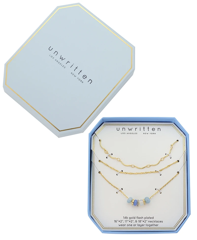 Unwritten Crystal and Dyed Quartz Gold-Tone Plated Blue Rondelle Bead Trio Necklace Set